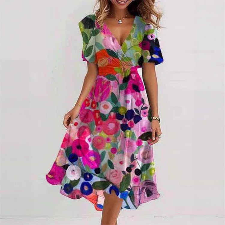 Flowers Printed V-neck Dress Summer A-line Short-sleeved Dresses For Women - Swefashionstore