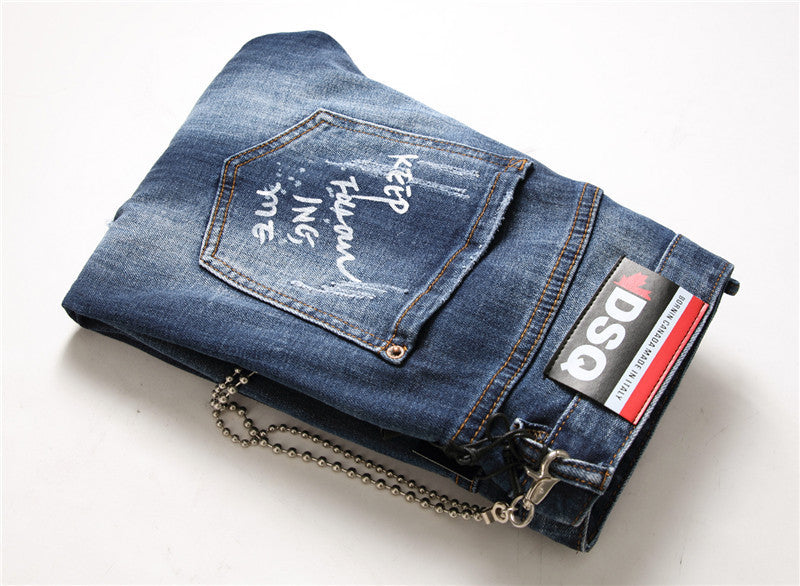 DENIM jeans famous D2 zipper blue hole Pencil Pants