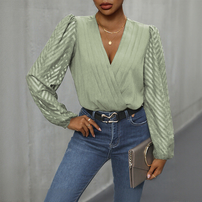 All-matching Solid Color And V-neck Pleated Lace See-through Long-sleeved Jumpsuit - Swefashionstore