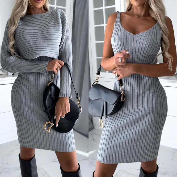 Women Suit with Solid Stripe Long-Sleeved Top and Skirt for Stylish Elegance - Swefashionstore
