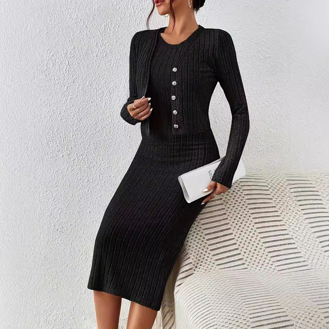 Front Button Cropped Top And Slim Fit Dress - Swefashionstore