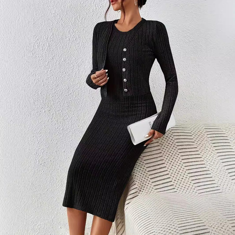 Front Button Cropped Top And Slim Fit Dress - Swefashionstore