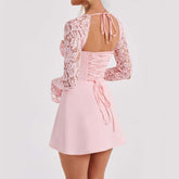 Y2K  Lace Long Sleeve Dress Fashion Sexy Corset Backless Lace Up Short Dresses Womens Clothing - Swefashionstore