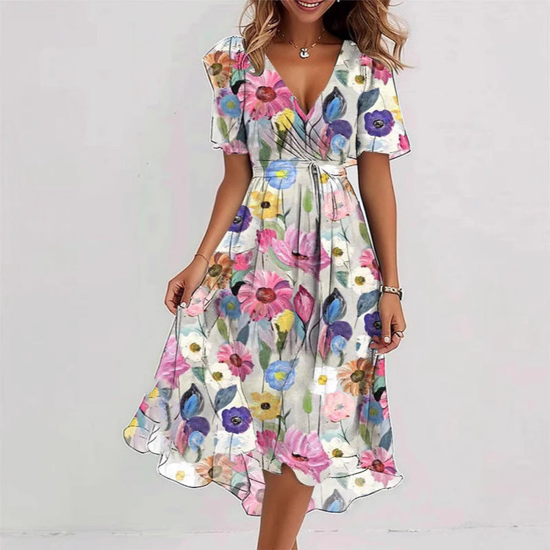 Flowers Printed V-neck Dress Summer A-line Short-sleeved Dresses For Women - Swefashionstore
