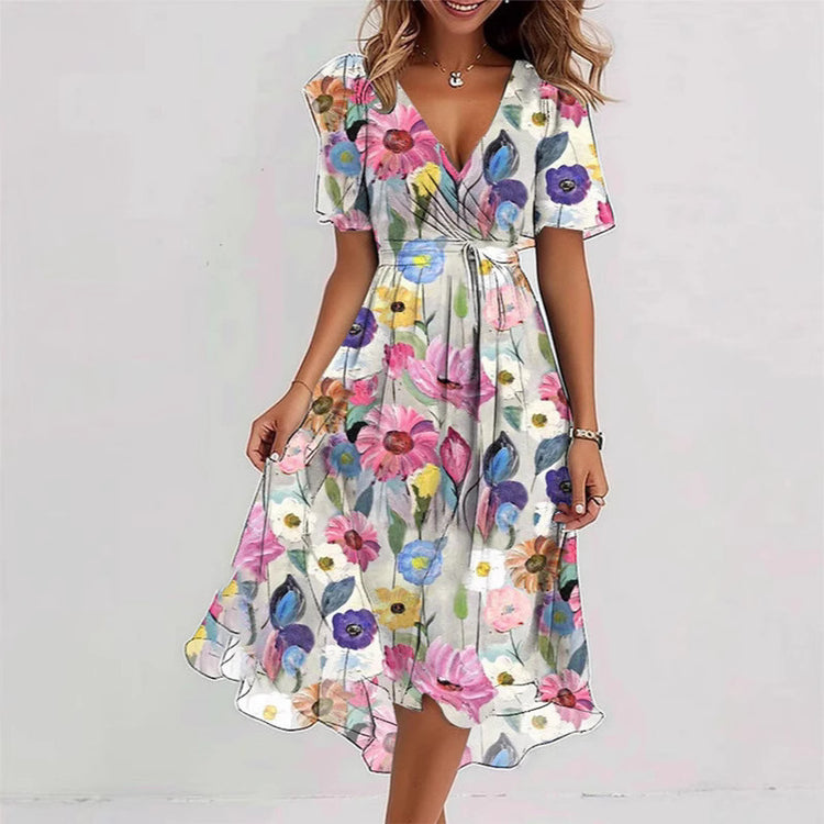 Flowers Printed V-neck Dress Summer A-line Short-sleeved Dresses For Women - Swefashionstore
