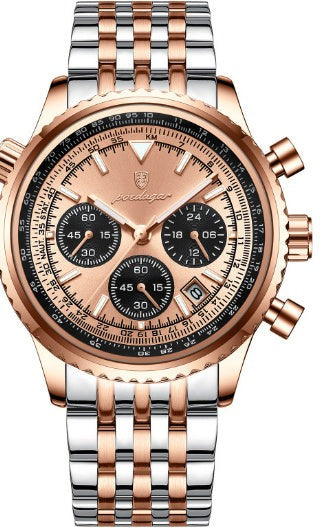 Men's waterproof watch with rose gold case, multifunction dials, and stainless steel strap.