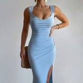 Slim Sleeveless Slit Dress With Back Tie Design - Swefashionstore