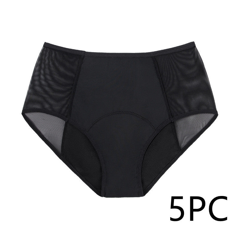 Black 4-layer absorption menstrual brief with mesh sides, 5 pack.