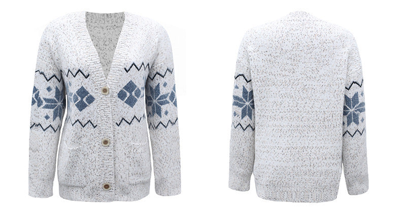 Single-breasted women's knit sweater with pockets and snowflake pattern