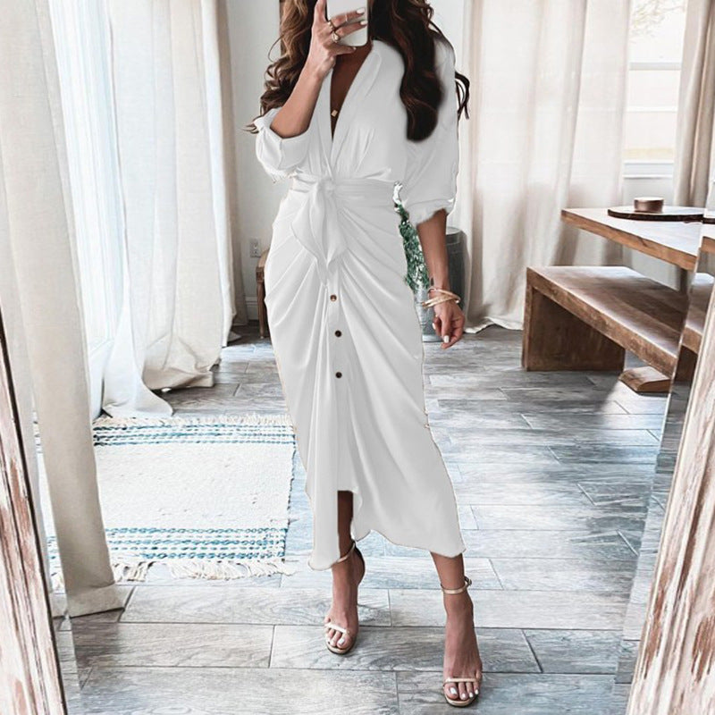 NEW European Print Long-Sleeved LACE-UP Single-Breasted SHIRT Dress