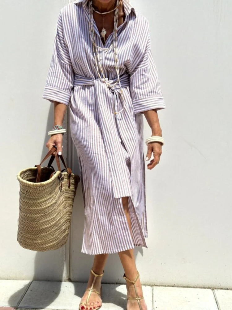 Striped Shirt Dress With Belt Fashion Half-sleeved For Women - Swefashionstore