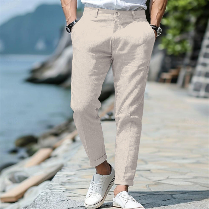 LINEN SUMMER Button Front Slant Pocket Straight-leg Trousers