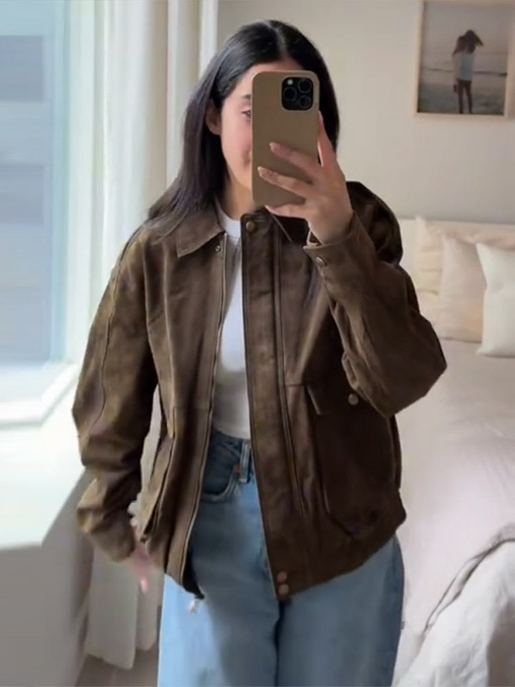 Women's SPRING Clothing Personality RETRO Suede Fabric Jacket