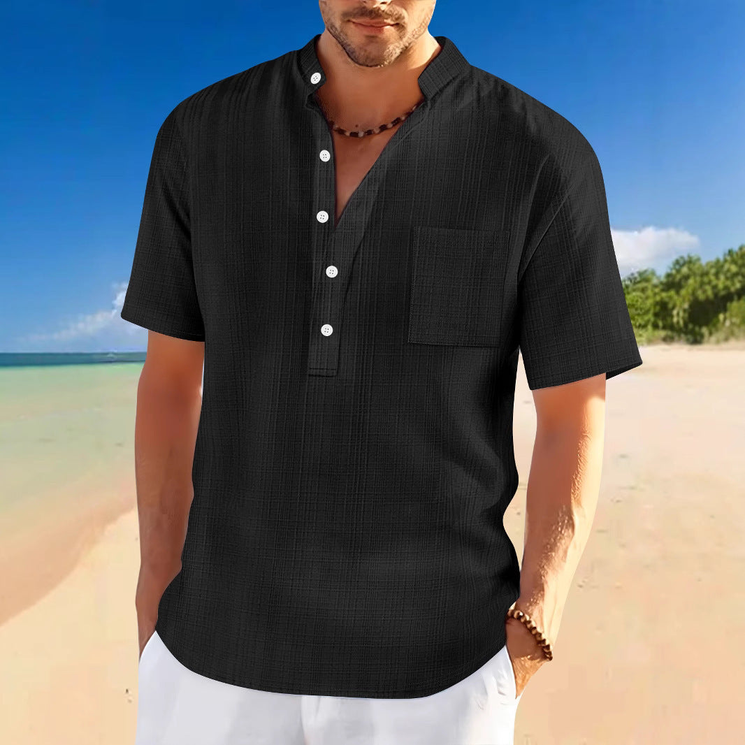 Stand Collar Short Sleeve Henley Shirt - Swefashionstore