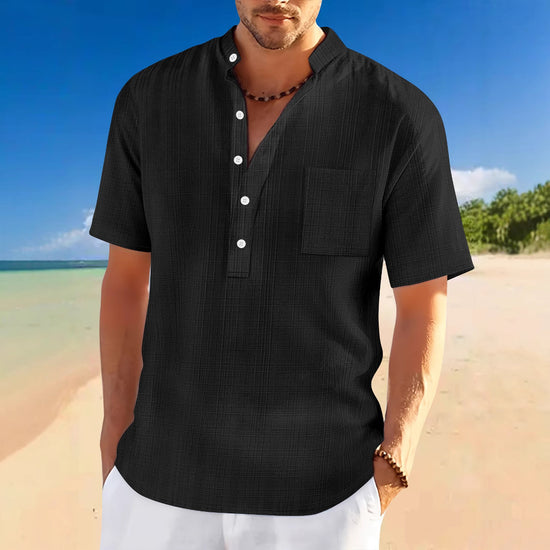 Stand Collar Short Sleeve Henley Shirt - Swefashionstore