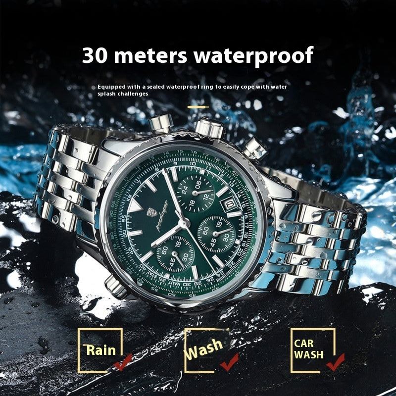 Waterproof men's watch with green dial and stainless steel strap, 30 meters depth resistance.