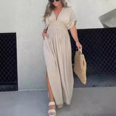 Fashion Bat-sleeved V-neck Slit Dress Summer Short Sleeve Elastic Waist Long Dresses Womens Clothing - Swefashionstore