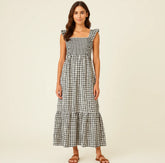 Summer Plaid Print Pleated Ruffle Dress INS Fashion Sleeveless A-line Swing Beach Dress Women&