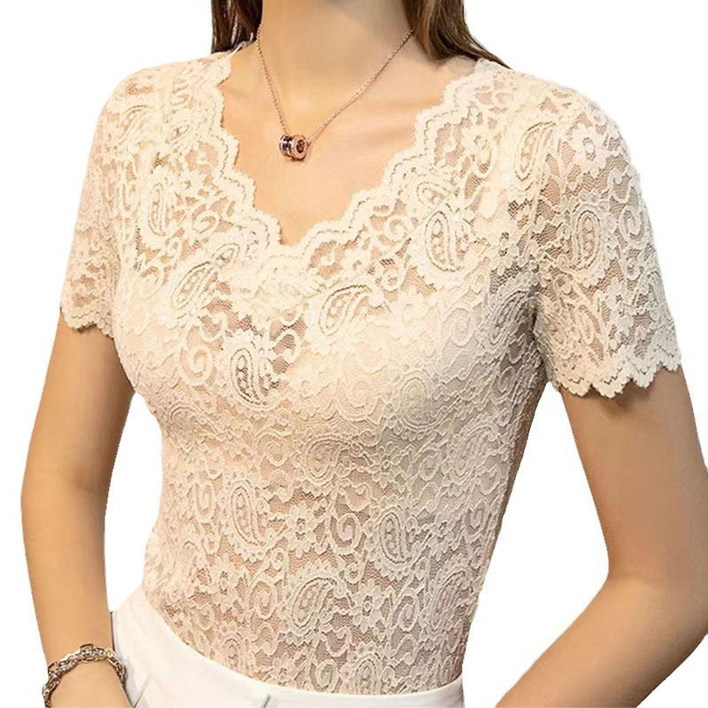 V-neck Hollow Sexy Lace Bottoming Shirt Innerwear Short Sleeve - Swefashionstore