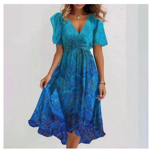 Chiffon Printed Short Sleeve Dress Summer Elegant V-neck Dresses Womens Clothing - Swefashionstore