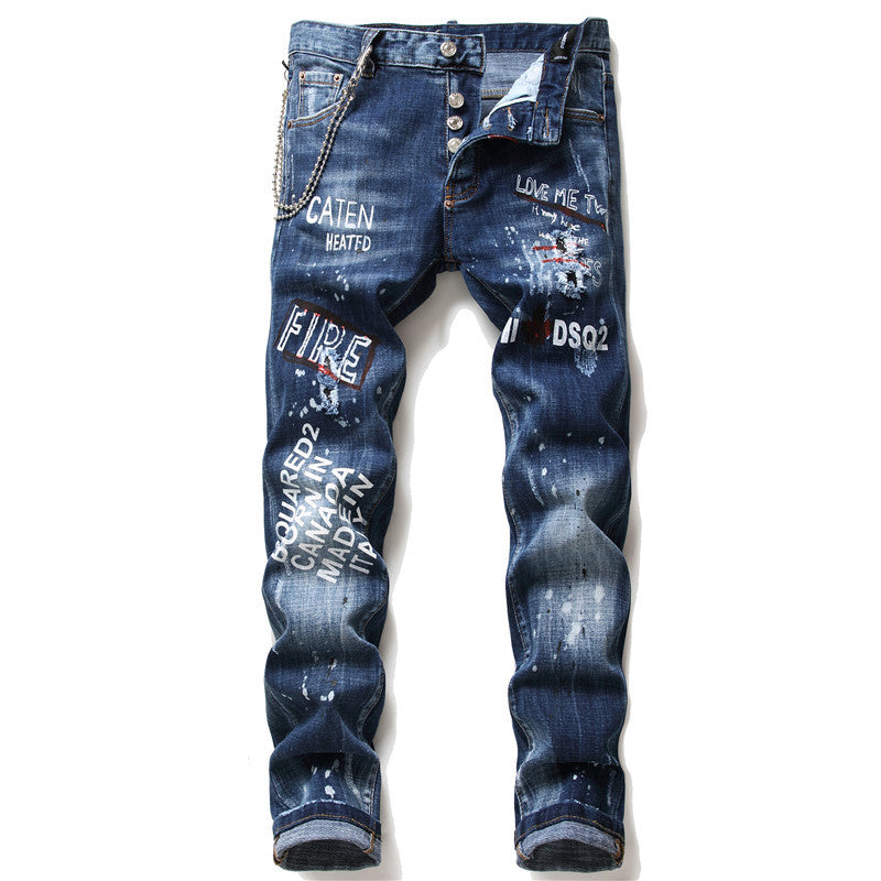 DENIM jeans famous D2 zipper blue hole Pencil Pants
