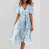 Flowers Printed V-neck Dress Summer A-line Short-sleeved Dresses For Women - Swefashionstore