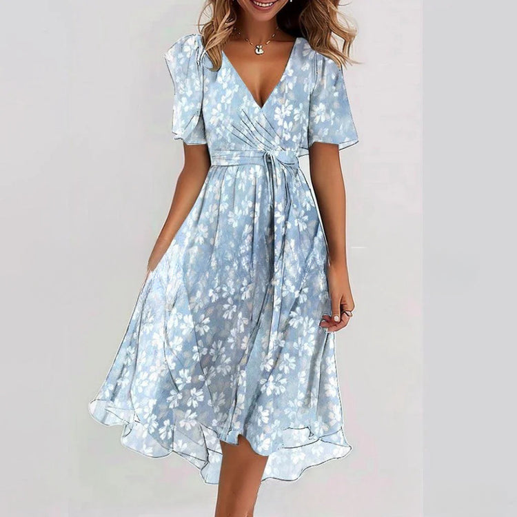 Flowers Printed V-neck Dress Summer A-line Short-sleeved Dresses For Women - Swefashionstore