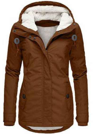Winter Hooded Jacket for Women - Solid Color Fleece Zip-up with Pockets