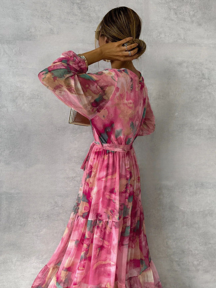 Long-sleeved Floral Print Dress Elegant V-neck Pleated High-waisted Big Swing Chiffon Maxi Dresses For Women Clothing - Swefashionstore