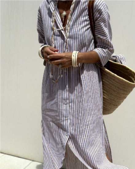 Striped Shirt Dress With Belt Fashion Half-sleeved For Women - Swefashionstore