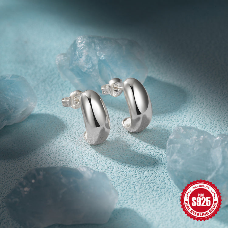 925 Sterling Silver C- Shaped Glossy Metal Earring Ringstud Earring - Swefashionstore