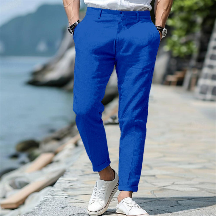 LINEN SUMMER Button Front Slant Pocket Straight-leg Trousers - Swefashionstore