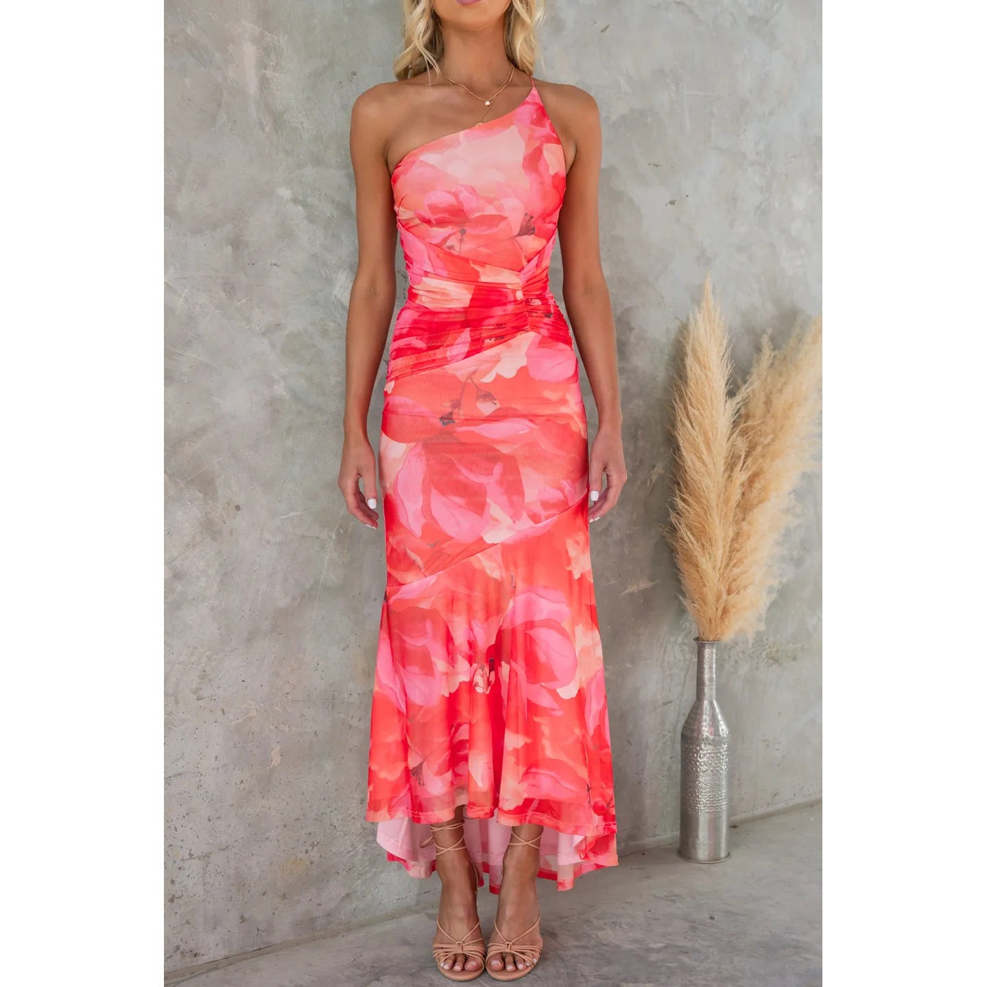 Flowers Print One-shoulder Dress Womens Clothing