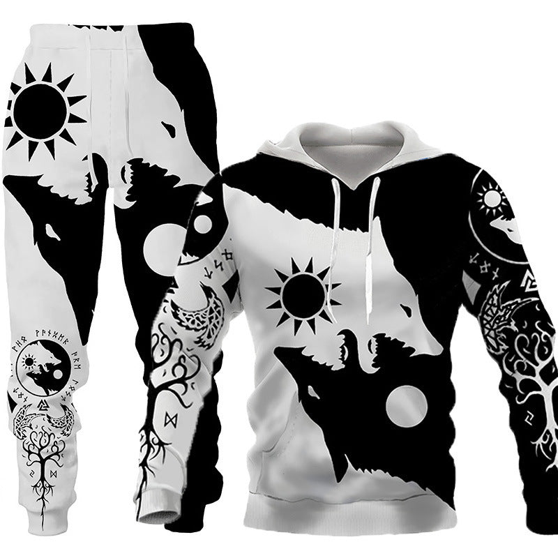 Newcomer Wolf Print Tracksuit Men Sportswear Hooded Sweatsuit