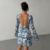 Printed Flare Sleeve Backless Mesh Dress - Swefashionstore