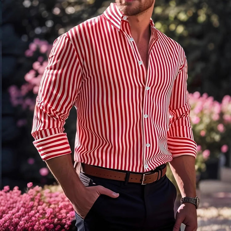 Ins Stripe Printed Long Sleeve Shirt Men Fashion Casual Lapel Button Top Clothing - Swefashionstore