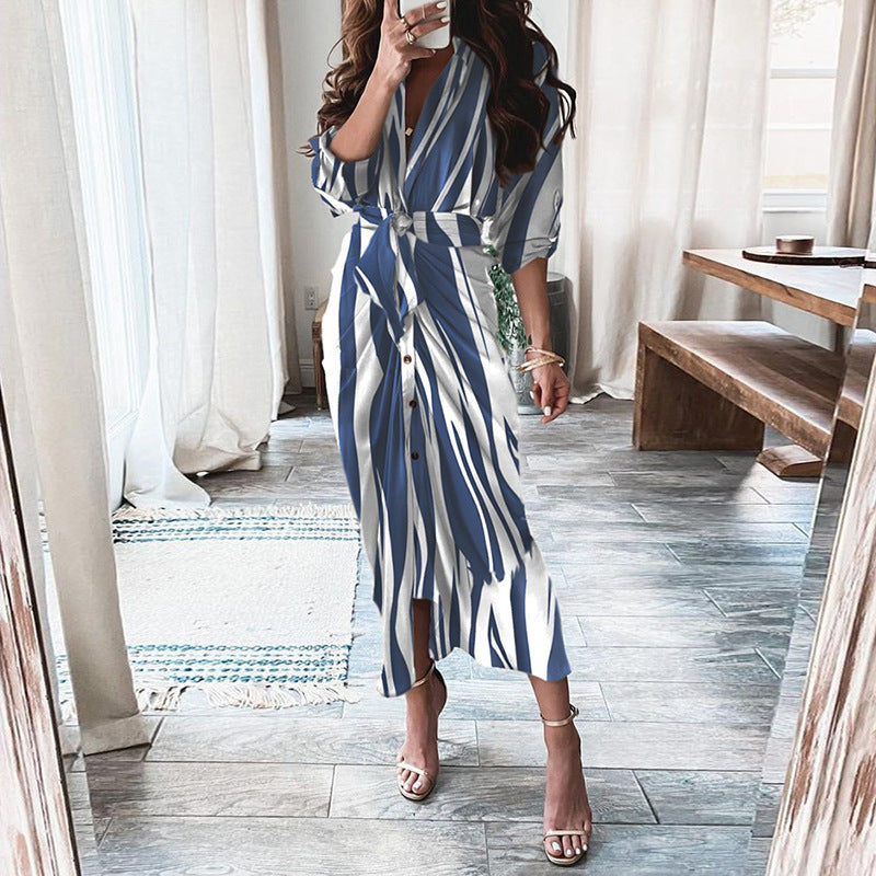 NEW European Print Long-Sleeved LACE-UP Single-Breasted SHIRT Dress