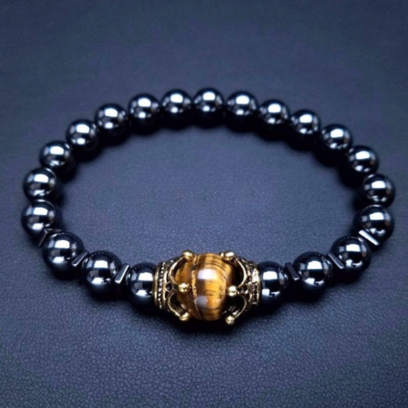 Fashion Alloy Crown Tiger Eye Bead Elastic Bracelet - Swefashionstore