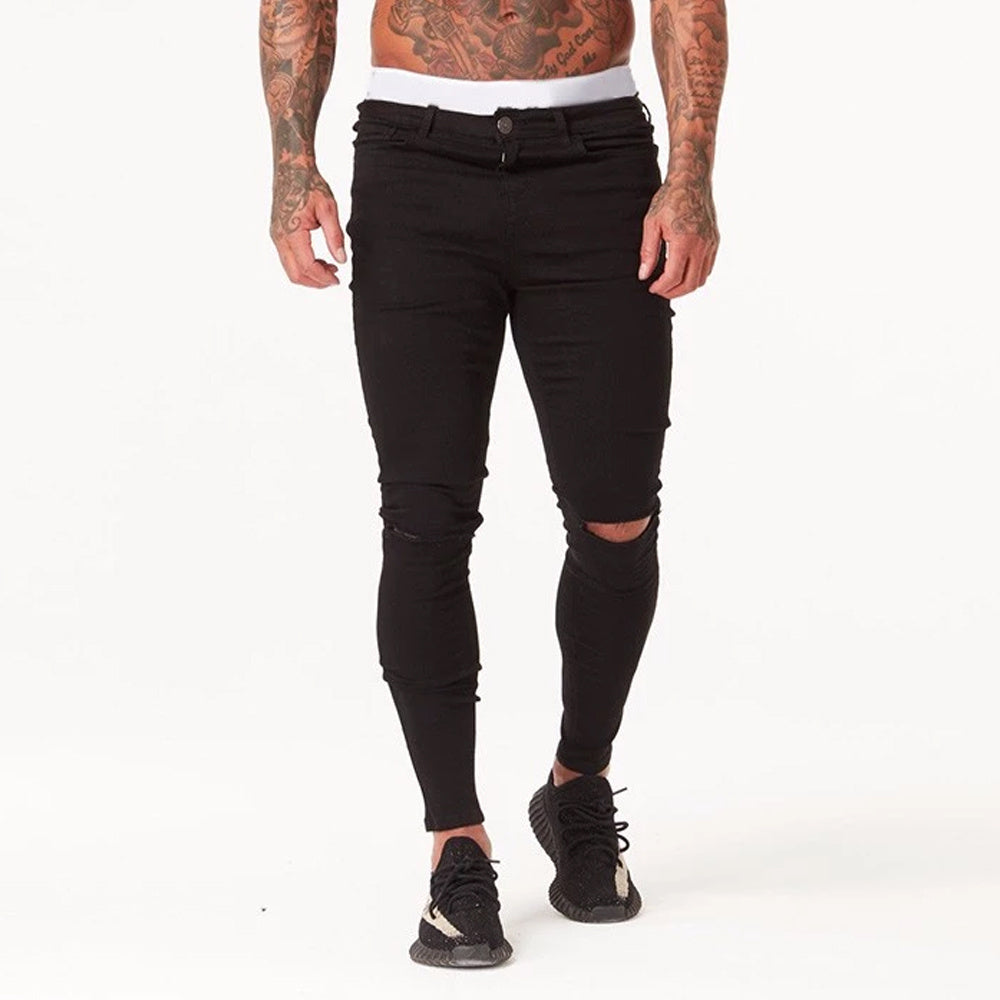 Sommerliche, verwaschene, superenge, zerrissene Jeans im Distressed-Hip-Hop-Stil