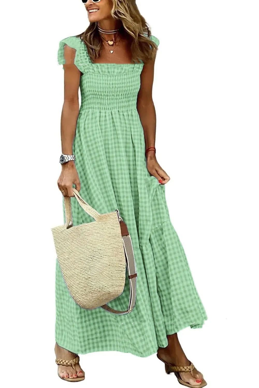 Summer Plaid Print Pleated Ruffle Dress INS Fashion Sleeveless A-line Swing Beach Dress Women&