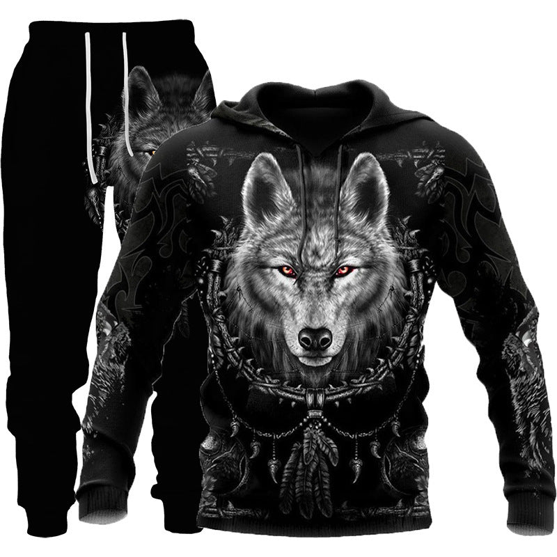 Newcomer Wolf Print Tracksuit Men Sportswear Hooded Sweatsuit