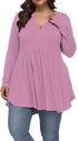 FASION V-neck Buttons Pleated Long Sleeve Plus Size T-shirt - Swefashionstore
