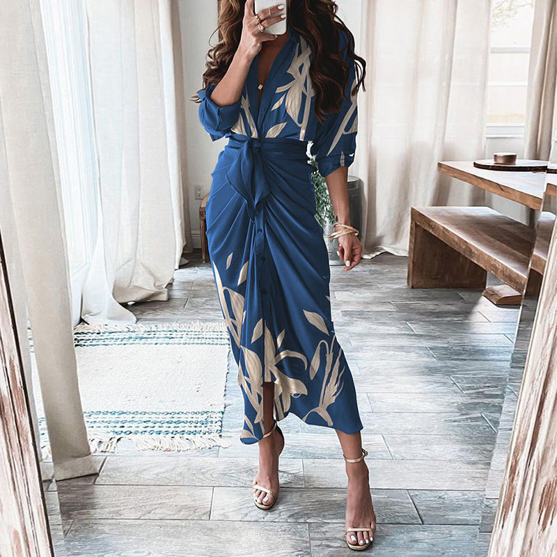 NEW European Print Long-Sleeved LACE-UP Single-Breasted SHIRT Dress
