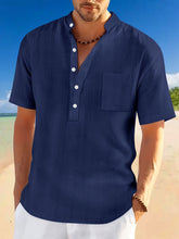 Stand Collar Short Sleeve Henley Shirt - Swefashionstore