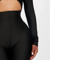 Women's V-neck long sleeve top high waist jumpsuit in black, medium elastic fabric.