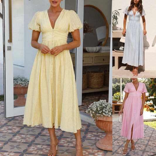 V-neck short-sleeved summer dress in yellow, pink, and blue options, showcasing stylish and comfortable design.