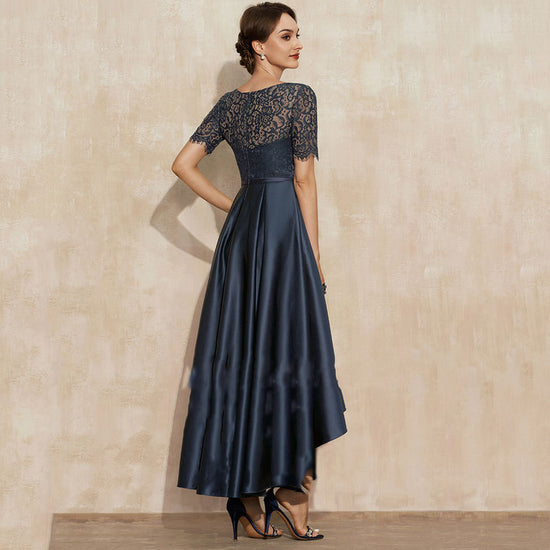 NAVY Blue Satin BALL Lace Short Sleeve Dress - Swefashionstore