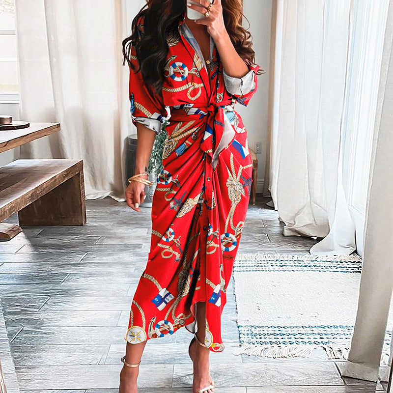 NEW European Print Long-Sleeved LACE-UP Single-Breasted SHIRT Dress