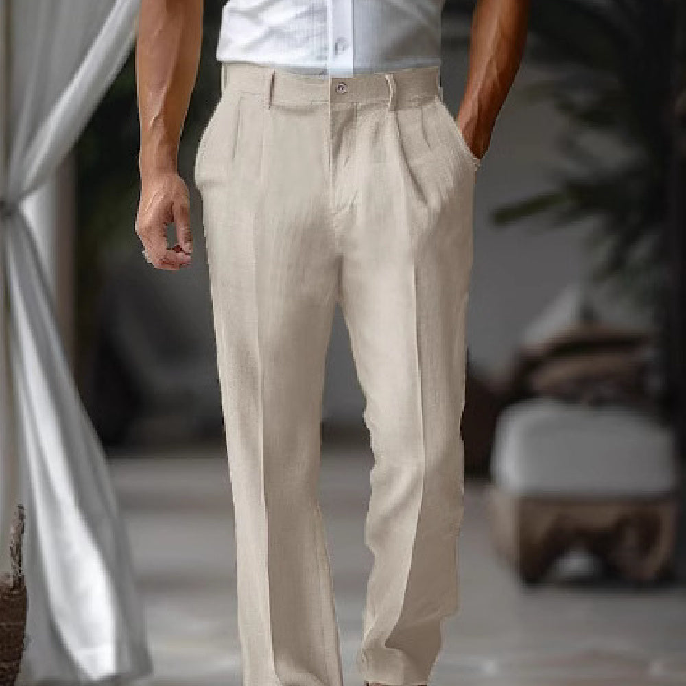 Double pleated fashion casual straight trousers in khaki color, featuring mid waist and micro elasticity, ideal for middle-aged individuals.