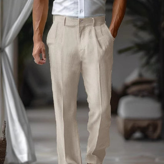 Double pleated fashion casual straight trousers in khaki color, featuring mid waist and micro elasticity, ideal for middle-aged individuals.